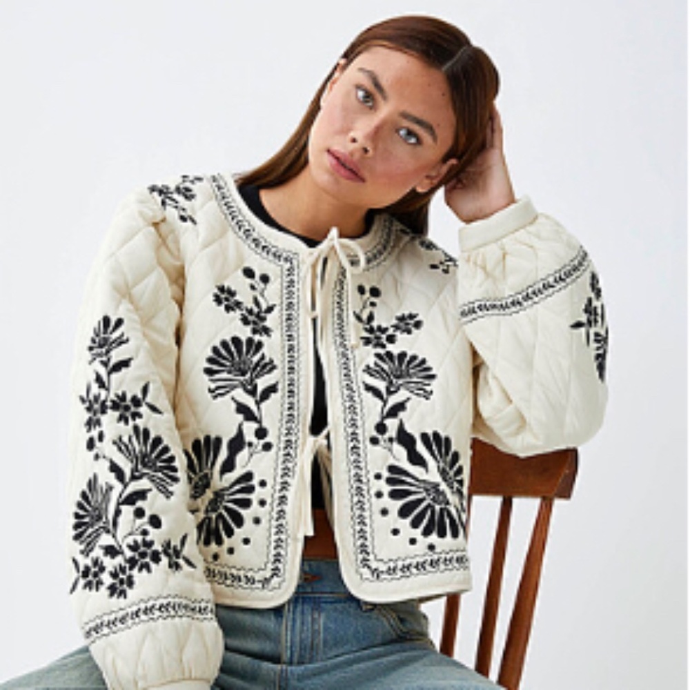 Embroidered Quilted Jacket - Cream with Black Floral